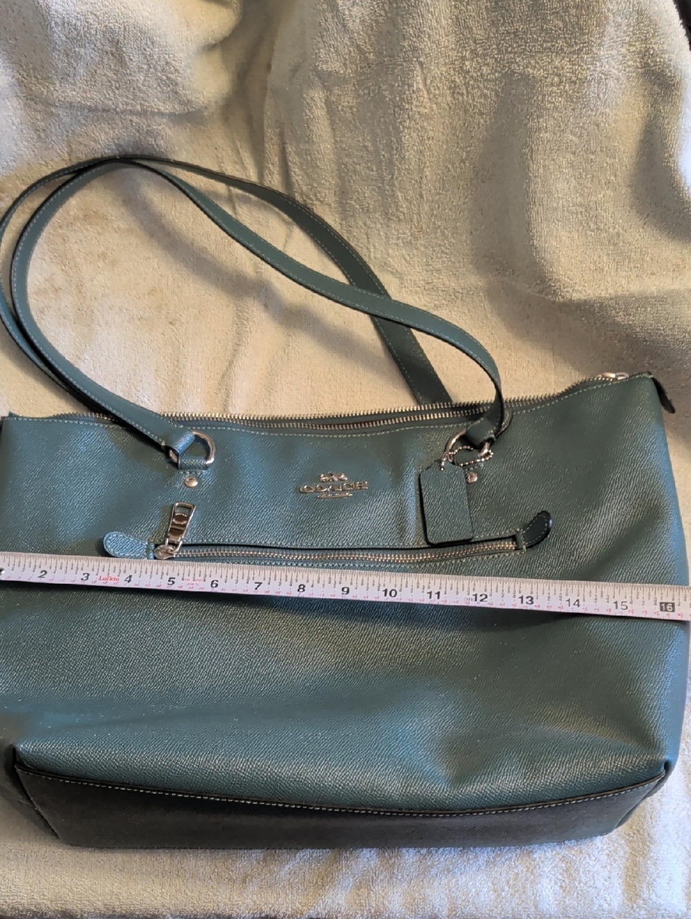 Coach Teal Green Leather Shoulder Tote with Exterior Zip Pocket